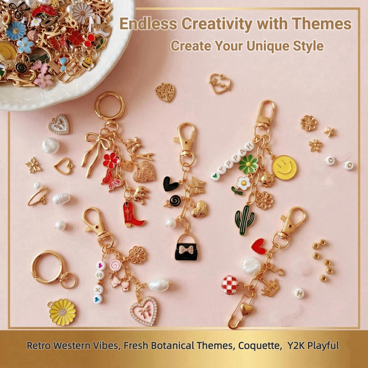 NewOasis 545Pcs Keychain Making Kit, Jewelry Making Supplies with Charms,Bow Bag Charms, Pearls, Chains,DIY Craft Suppli
