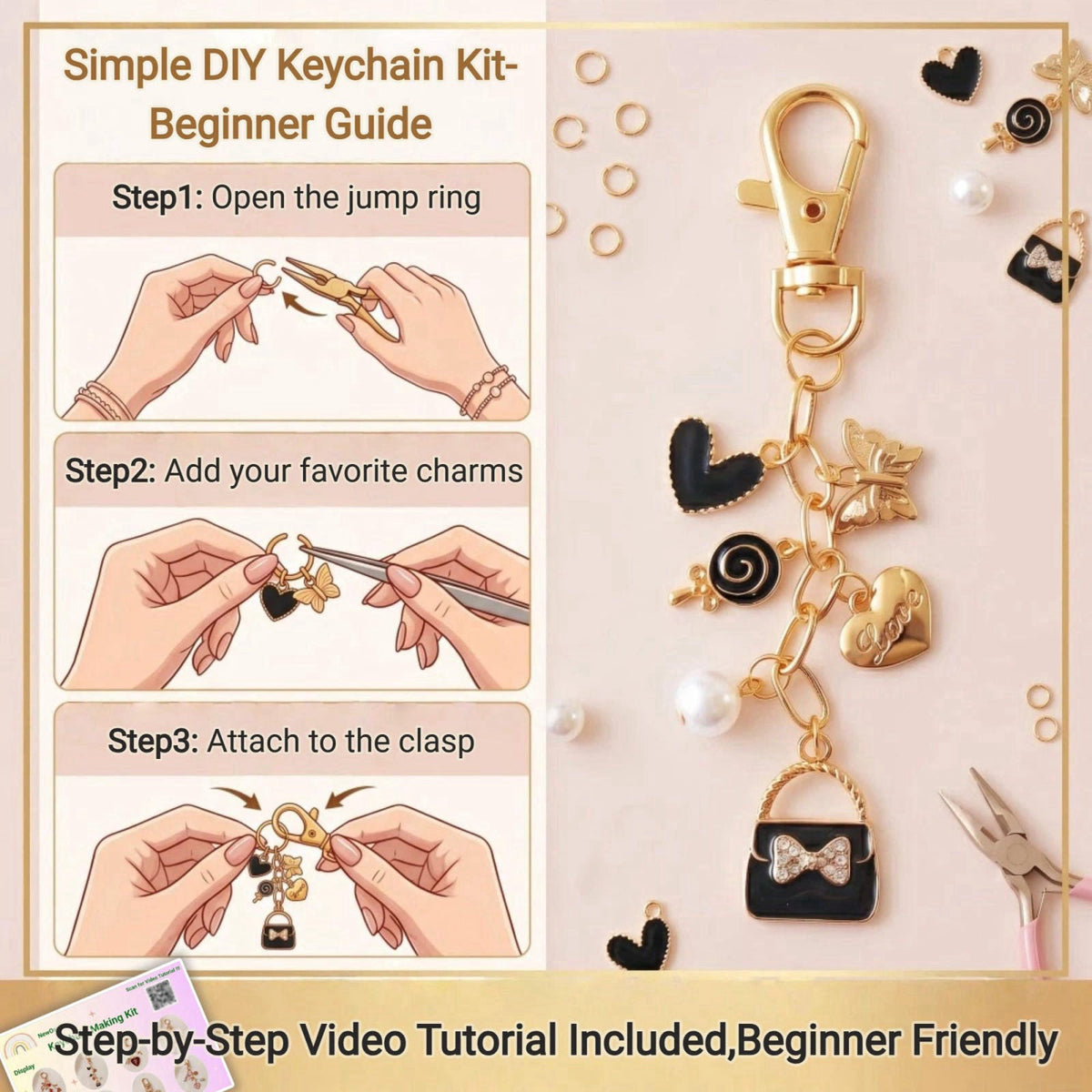 NewOasis 545Pcs Keychain Making Kit, Jewelry Making Supplies with Charms,Bow Bag Charms, Pearls, Chains,DIY Craft Suppli
