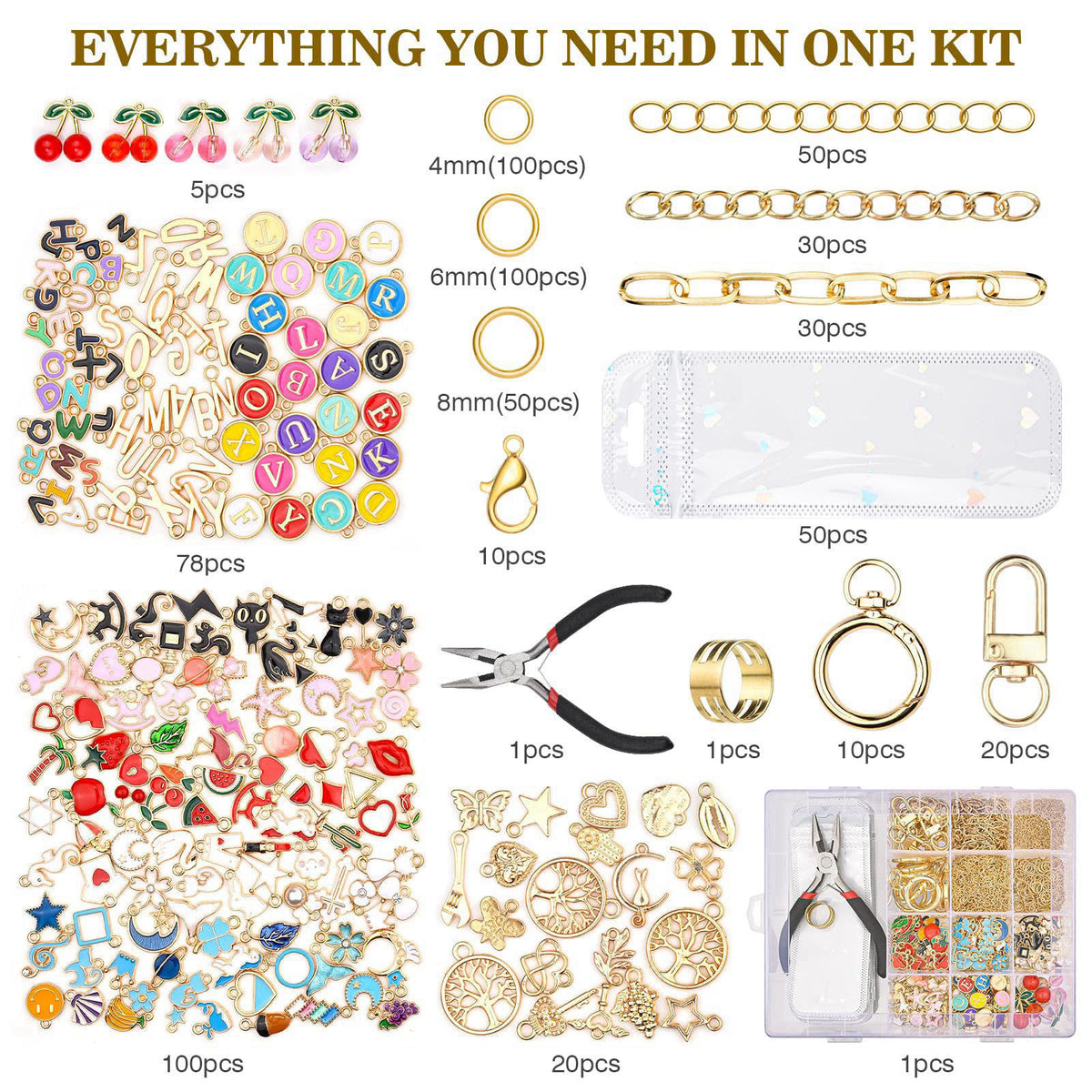 Zerivne 656Pcs Keychain Making Kit: Gold Jewelry Making Supplies, DIY Crafts bulk – close-up detail in KC