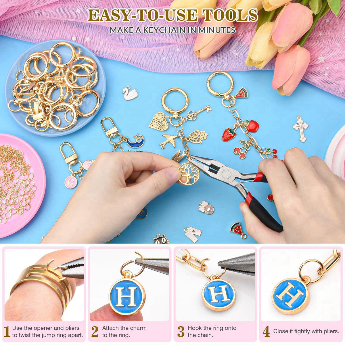 Zerivne 656Pcs Keychain Making Kit: Gold Jewelry Making Supplies, DIY Crafts bulk – full view, size Small