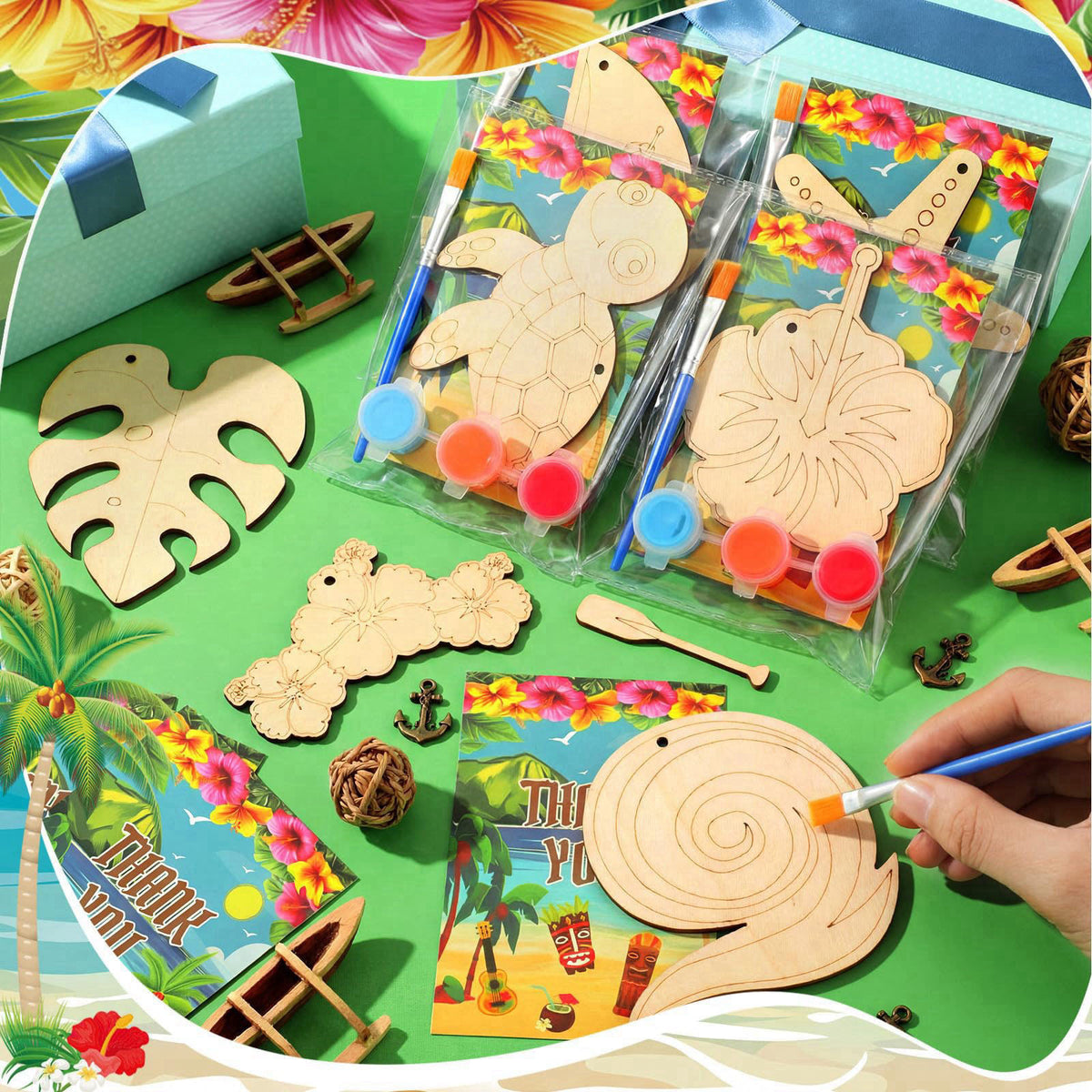 Saypacck 24 Pcs Hawaiian Party Favors Wooden Paint Craft Kits – close-up detail