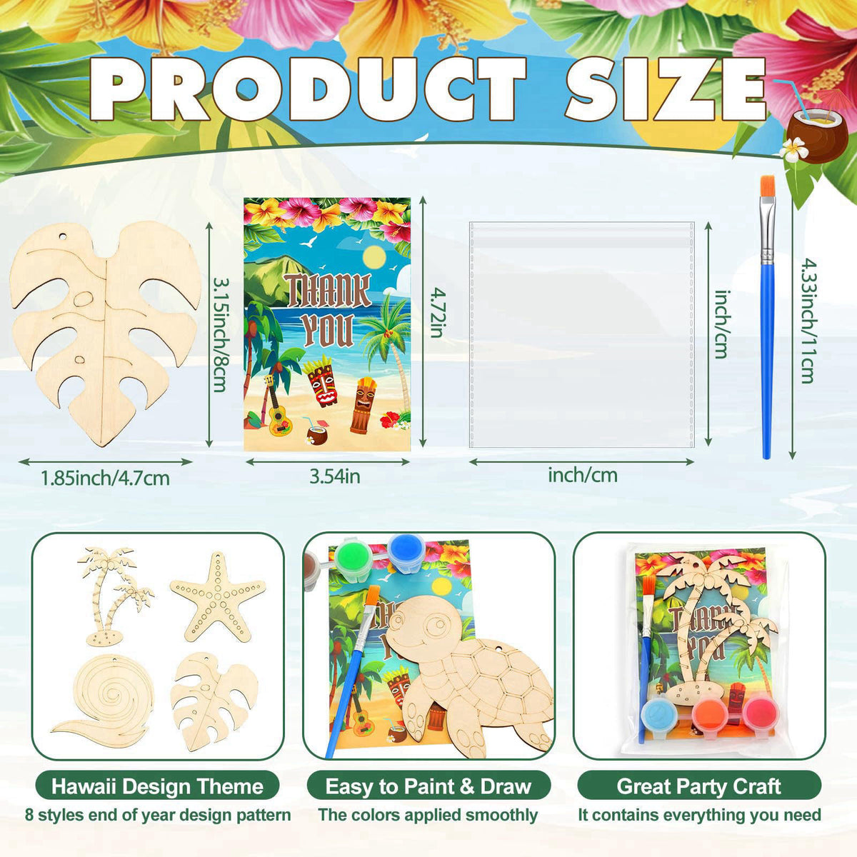 Saypacck 24 Pcs Hawaiian Party Favors Wooden Paint Craft Kits – packaging and label