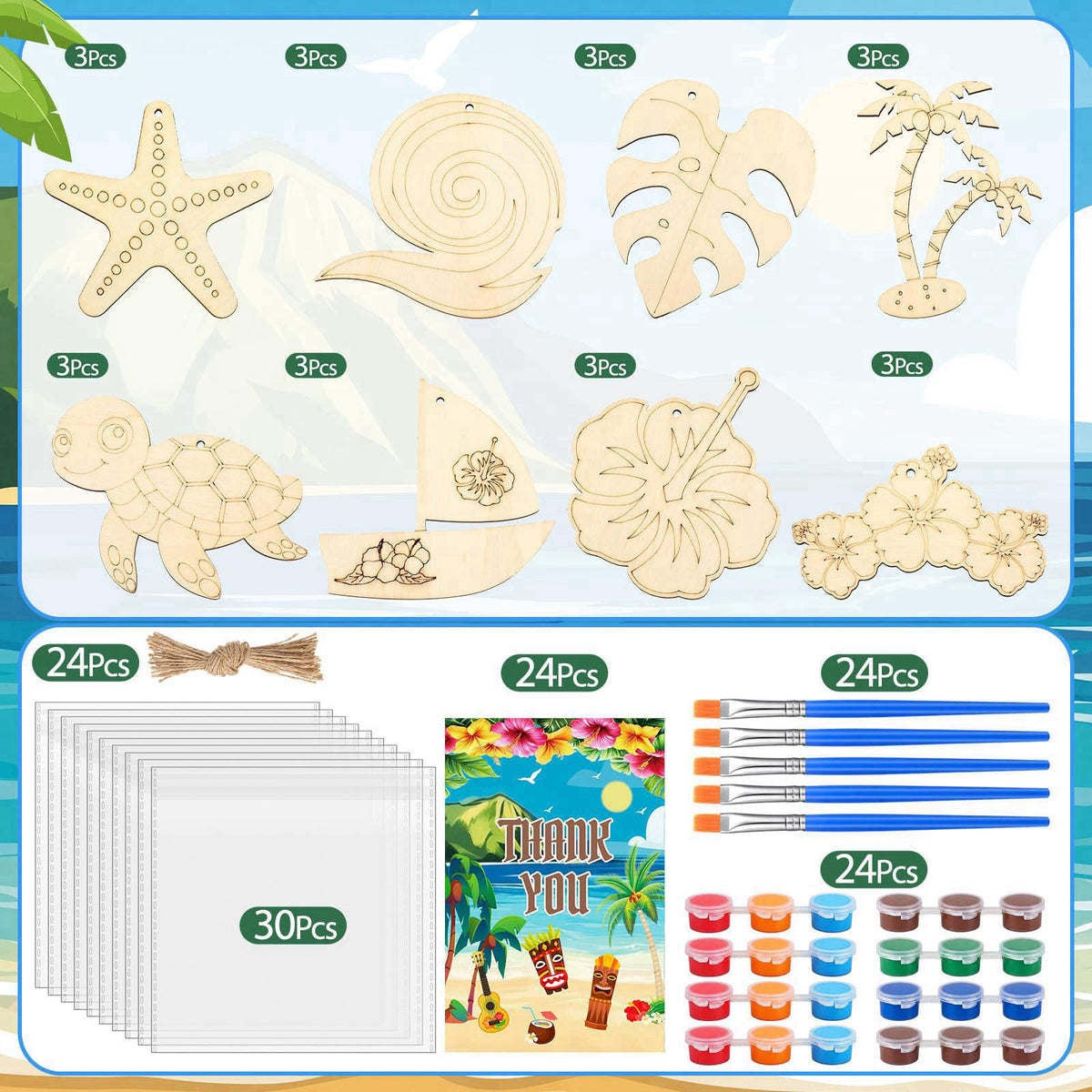Saypacck 24 Pcs Hawaiian Party Favors Wooden Paint Craft Kits – full view
