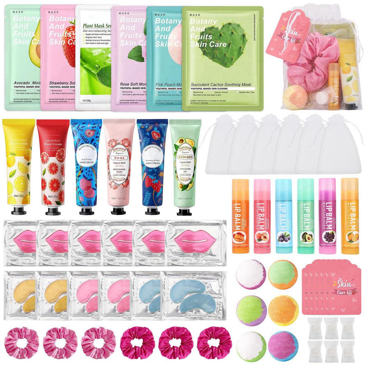 Jutqut 60PCS Spa Party Supplies for Girls, Include Facial Masks, Lip Mask, Under Eye Patches, Lip Balm, Foot Bath Bombs,