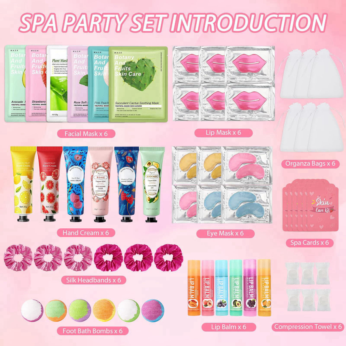 Jutqut 60PCS Spa Party Supplies for Girls, Include Facial Masks, Lip Mask, Under Eye Patches, Lip Balm, Foot Bath Bombs,