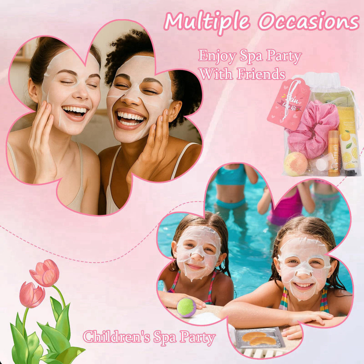 Jutqut 60PCS Spa Party Supplies for Girls, Include Facial Masks, Lip Mask, Under Eye Patches, Lip Balm, Foot Bath Bombs,