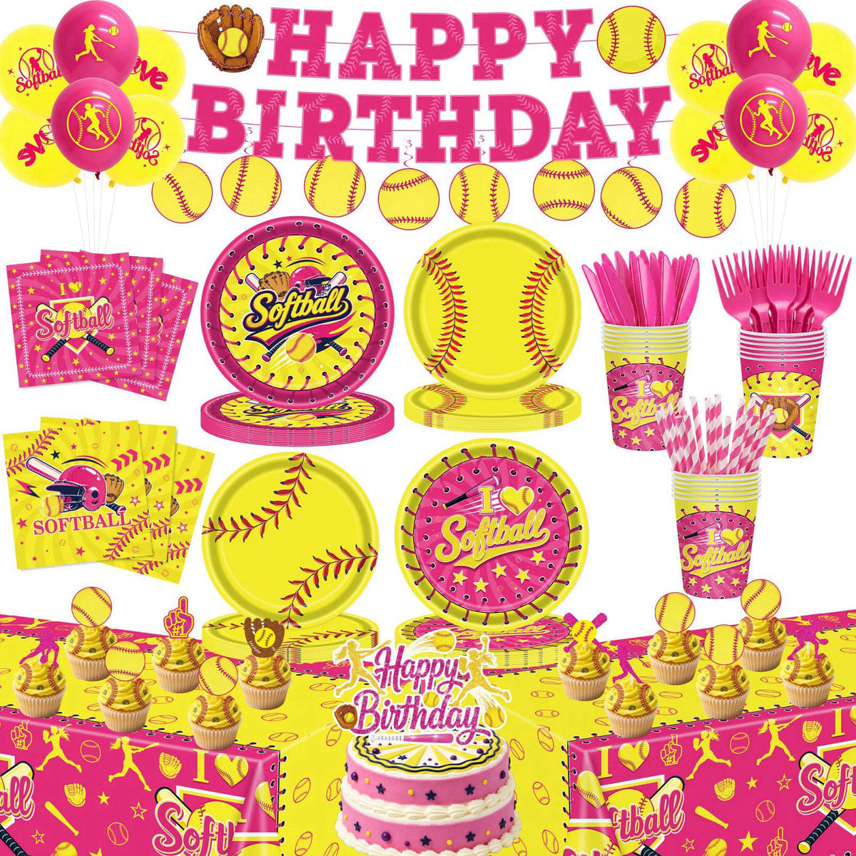 KLYMVA 208Pcs Softball Birthday Party Decorations Tableware Set for 24 Guests