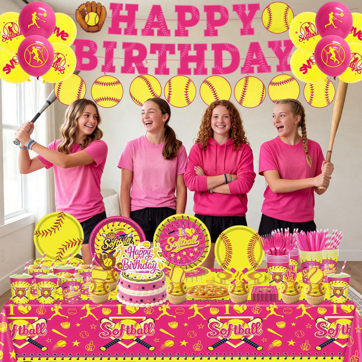 KLYMVA 208Pcs Softball Birthday Party Decorations Tableware Set for 24 Guests – close-up detail