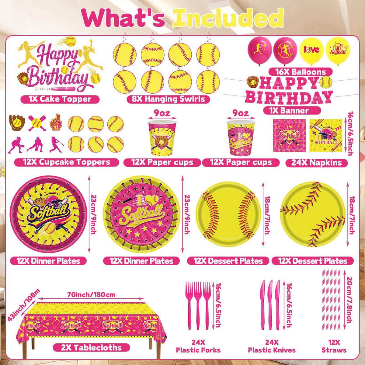 KLYMVA 208Pcs Softball Birthday Party Decorations Tableware Set for 24 Guests – packaging and label