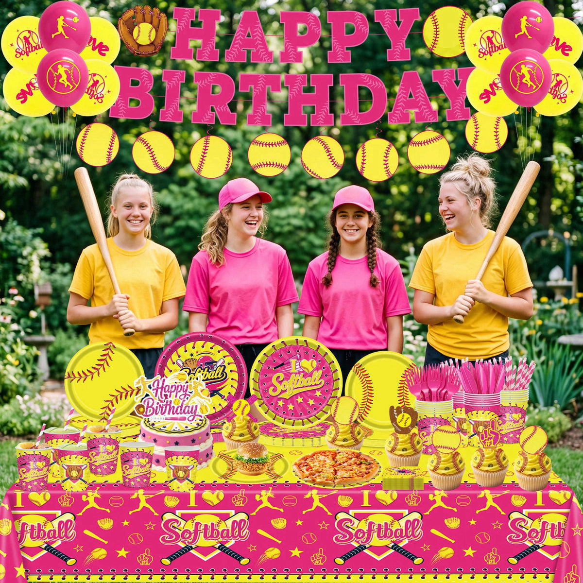 KLYMVA 208Pcs Softball Birthday Party Decorations Tableware Set for 24 Guests – full view