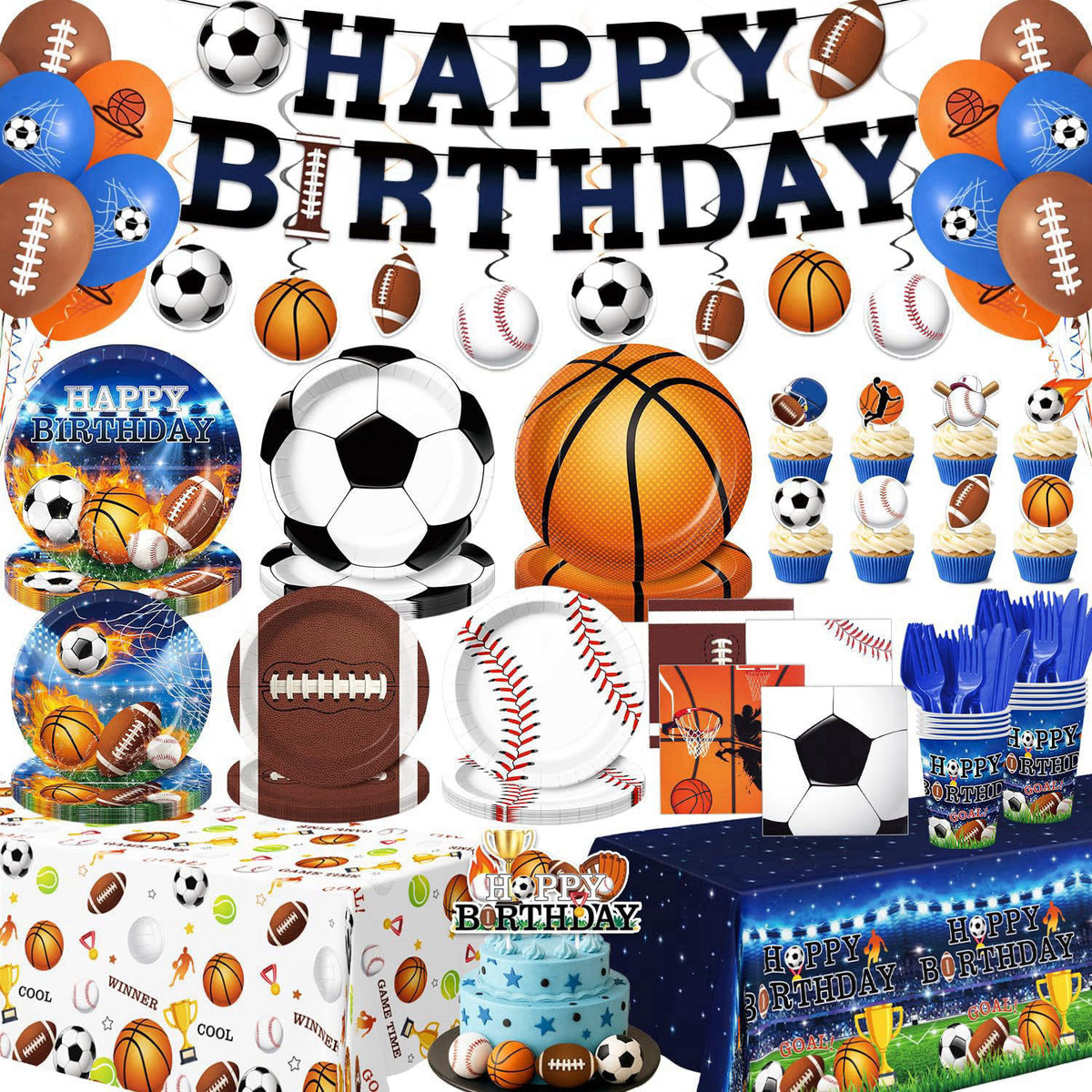 Kinovo 244 Pcs Sports Birthday Party Decorations - Serve 30, All in One Football Basketball Baseball Soccer Party Suppli