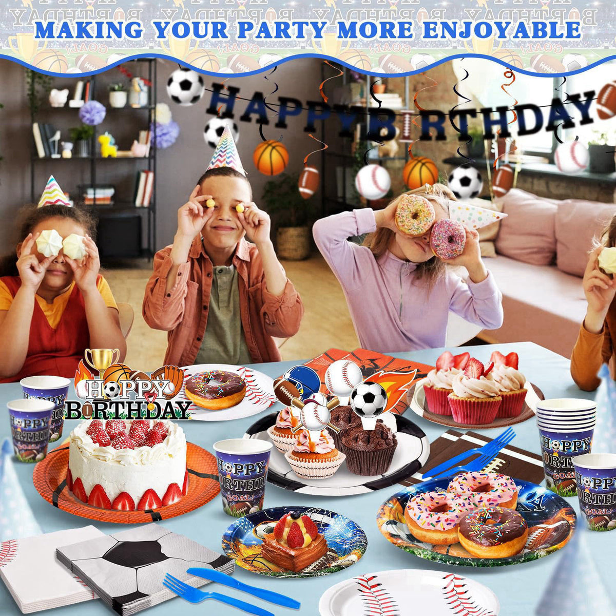 Kinovo 244 Pcs Sports Birthday Party Decorations - Serve 30, All in One Football Basketball Baseball Soccer Party Suppli