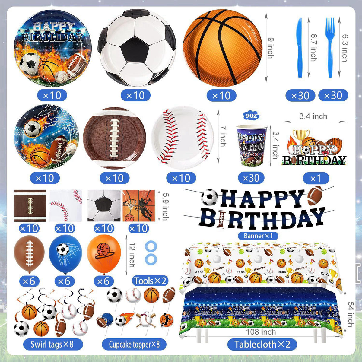 Kinovo 244 Pcs Sports Birthday Party Decorations - Serve 30, All in One Football Basketball Baseball Soccer Party Suppli
