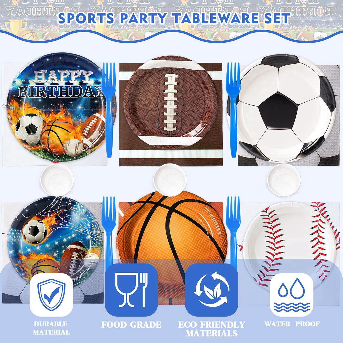 Kinovo 244 Pcs Sports Birthday Party Decorations - Serve 30, All in One Football Basketball Baseball Soccer Party Suppli