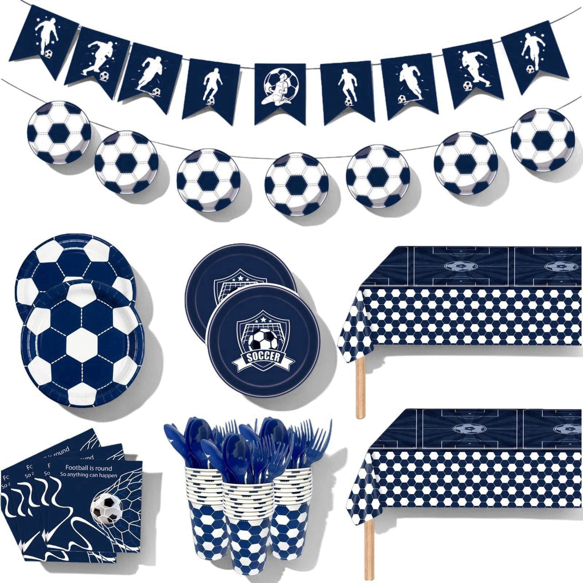 TechTrek Automotive Soccer Plates and Napkins, 171-Count Disposable Soccer Party Supplies Kit with Cups, Cutlery, Banner