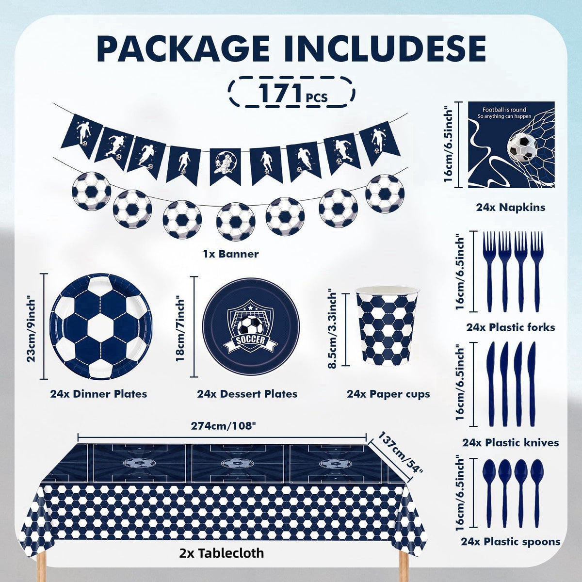 TechTrek Automotive Soccer Plates and Napkins, 171-Count Disposable Soccer Party Supplies Kit with Cups, Cutlery, Banner