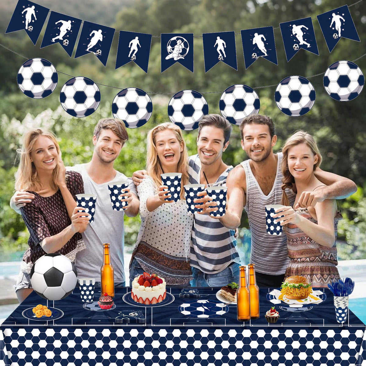 TechTrek Automotive Soccer Plates and Napkins, 171-Count Disposable Soccer Party Supplies Kit with Cups, Cutlery, Banner