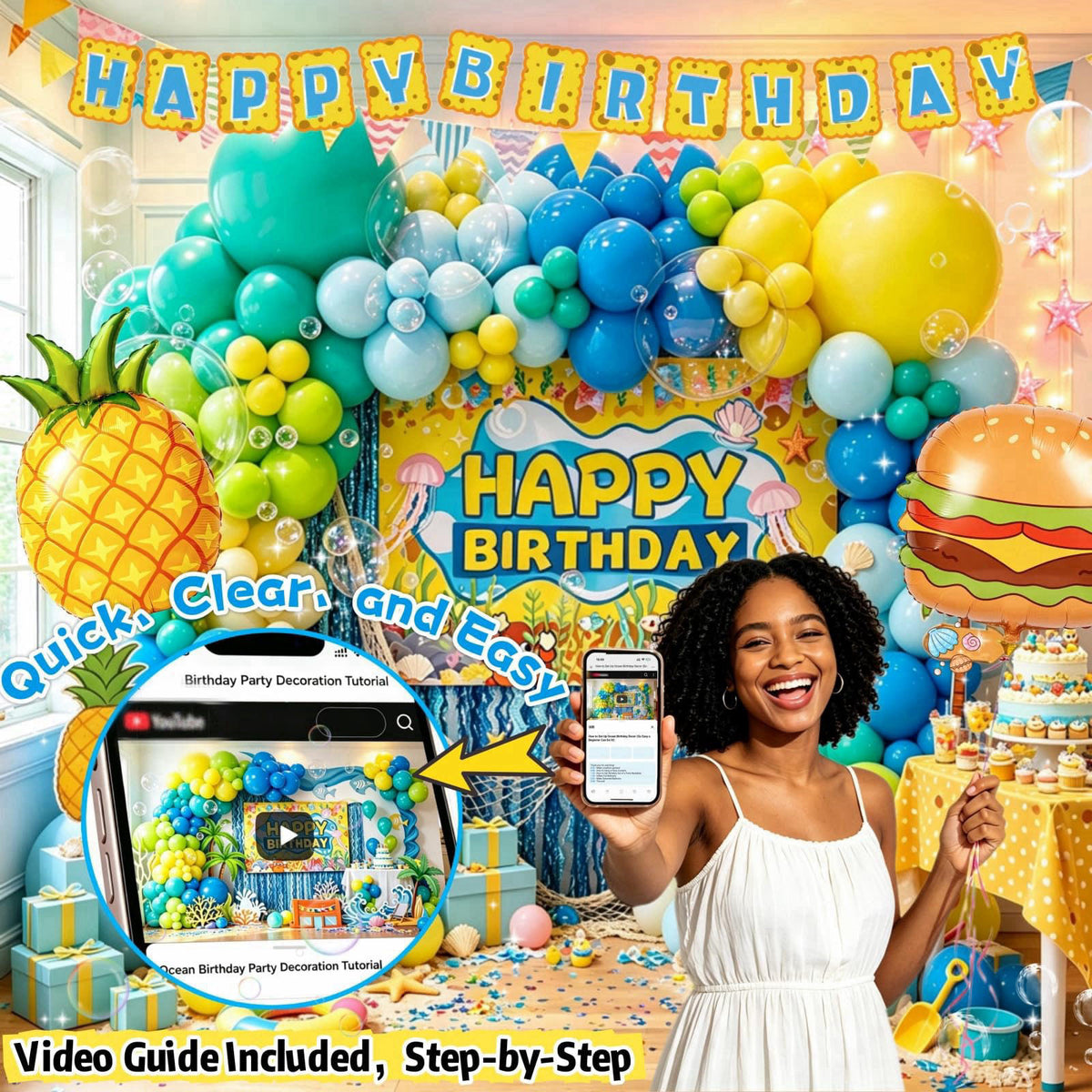 Daidle Sponge Birthday Decorations Kit, 153Pcs Under the Sea Party Supplies – close-up detail in Yellow, Blue, Green, Te