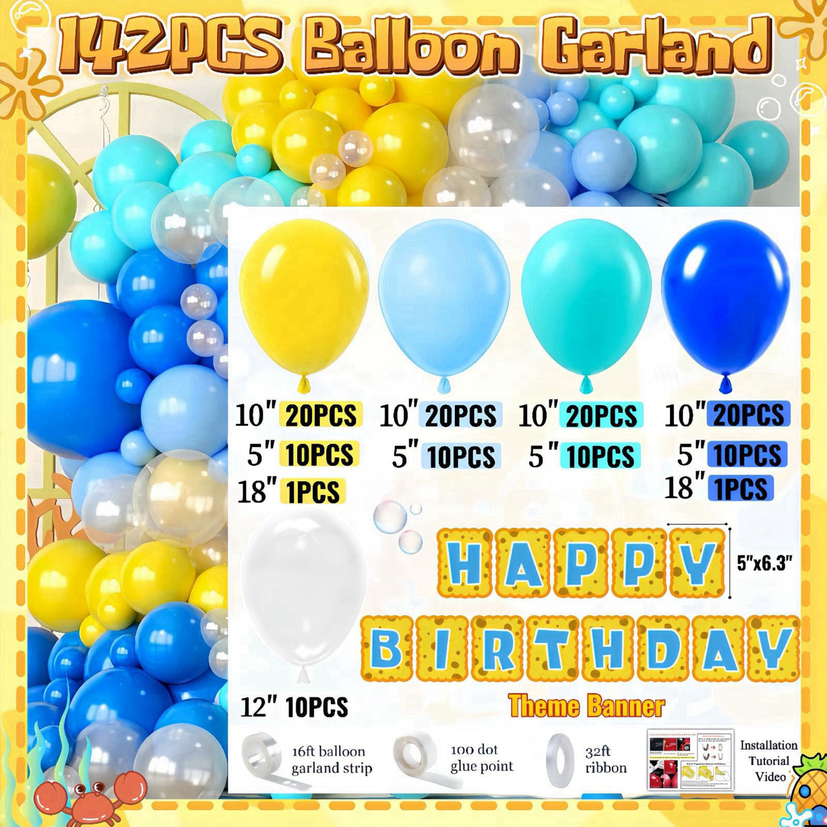 Daidle Sponge Birthday Decorations Kit, 153Pcs Under the Sea Party Supplies – packaging and label