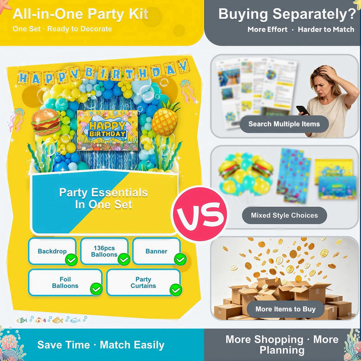 Daidle Sponge Birthday Decorations Kit, 153Pcs Under the Sea Party Supplies – back view and specifications