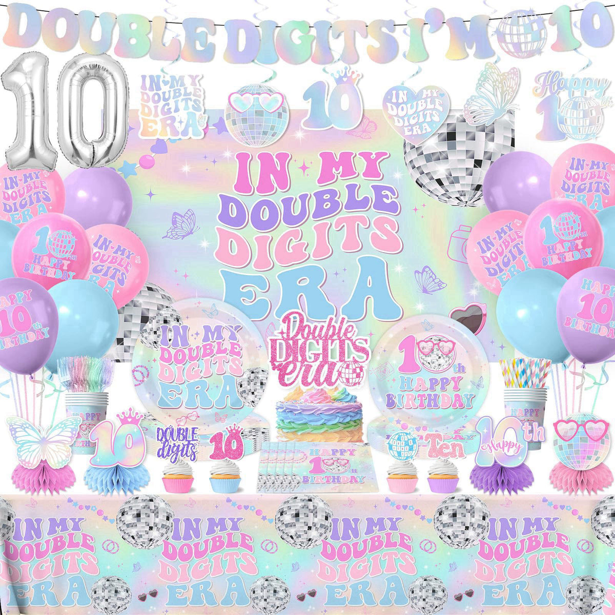 Gexlaju 10th Birthday Decorations for Girl,198pcs In My Double Digits Era Party Decor 10 Year Old Birthday Decorations P