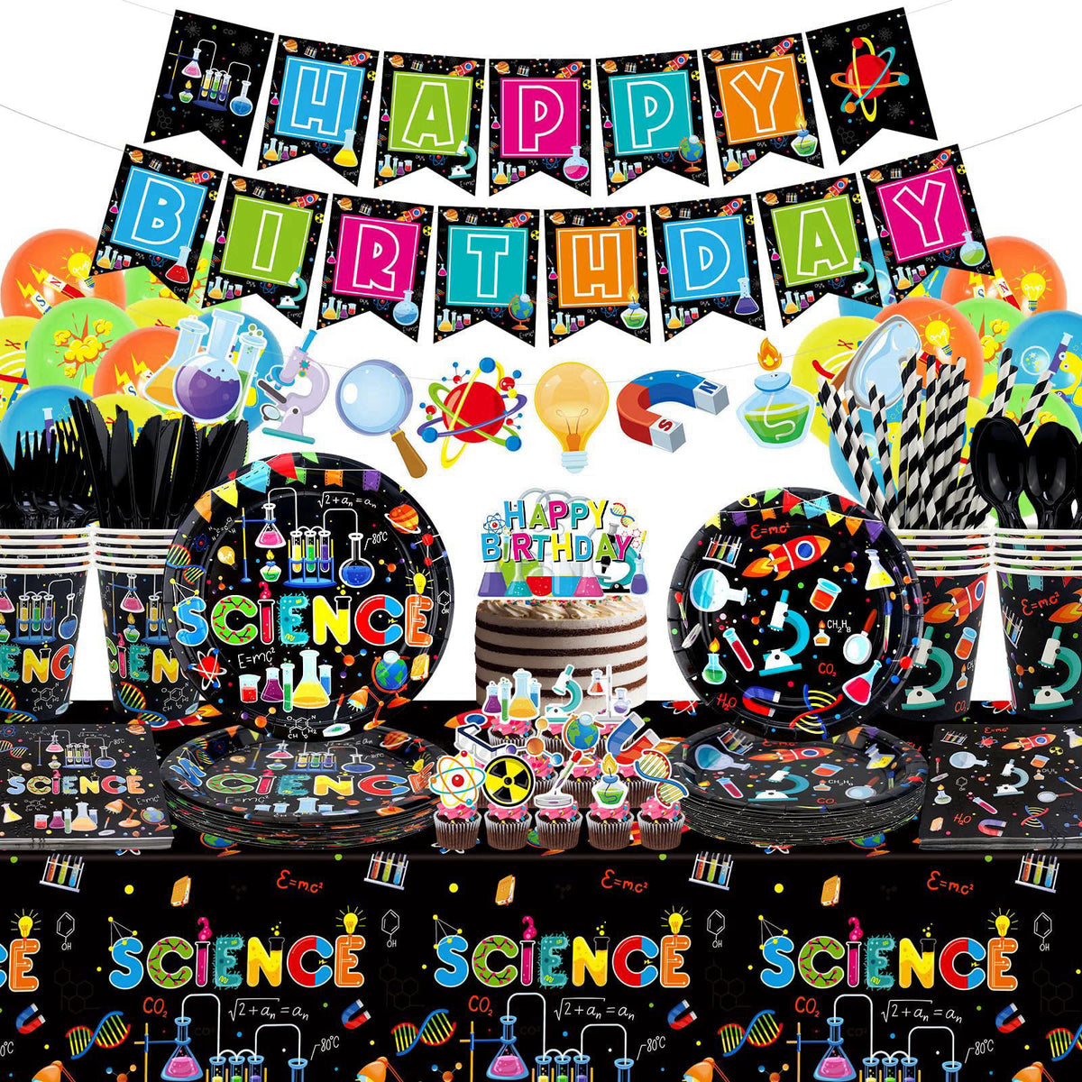 Ywediim Science Party Supplies, Includes Happy Birthday Banners, Plates, Tablecloth, Cups, Balloon and Straws, for Boy G