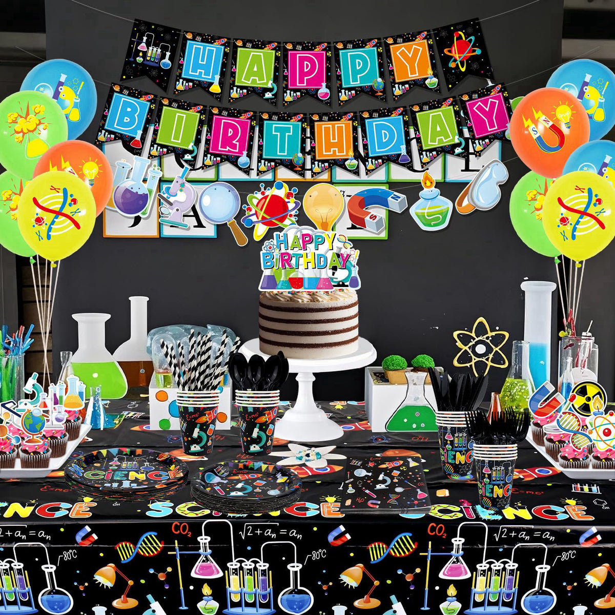 Ywediim Science Party Supplies, Includes Happy Birthday Banners, Plates, Tablecloth, Cups, Balloon and Straws, for Boy G