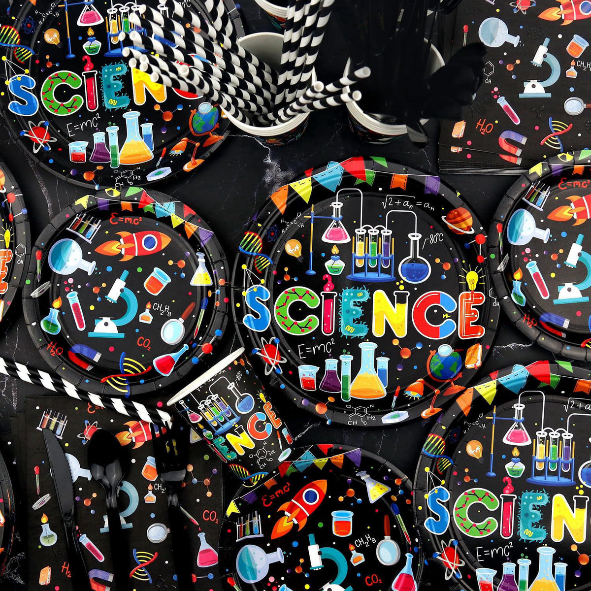 Ywediim Science Party Supplies, Includes Happy Birthday Banners, Plates, Tablecloth, Cups, Balloon and Straws, for Boy G