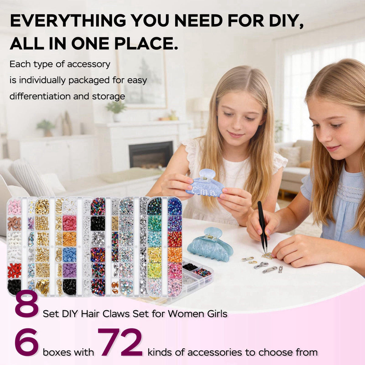 Rhavelune 8 Sets DIY Hair Claw Clips Kit, Claw Clip Decorating Kit for Craft Night – close-up detail in Multicolor