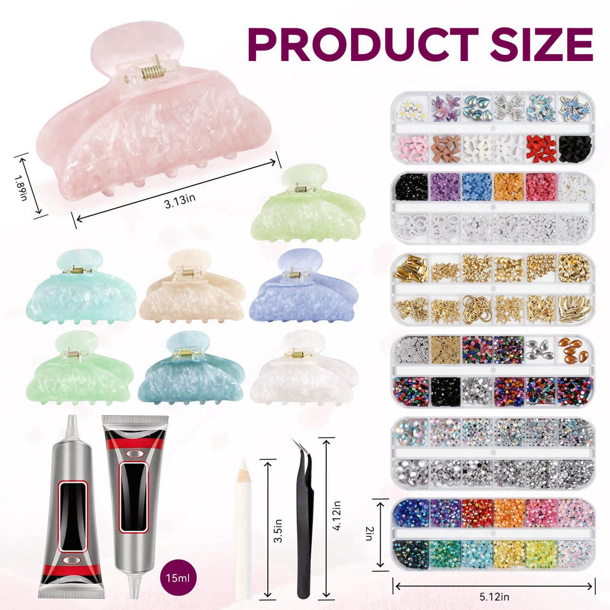 Rhavelune 8 Sets DIY Hair Claw Clips Kit, Claw Clip Decorating Kit for Craft Night – packaging and label