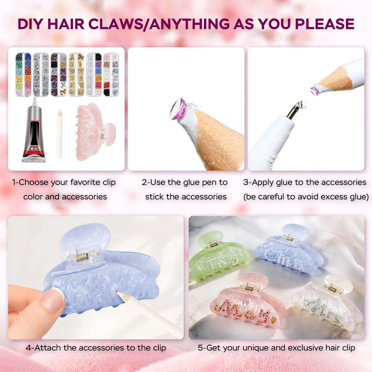 Rhavelune 8 Sets DIY Hair Claw Clips Kit, Claw Clip Decorating Kit for Craft Night – back view and specifications