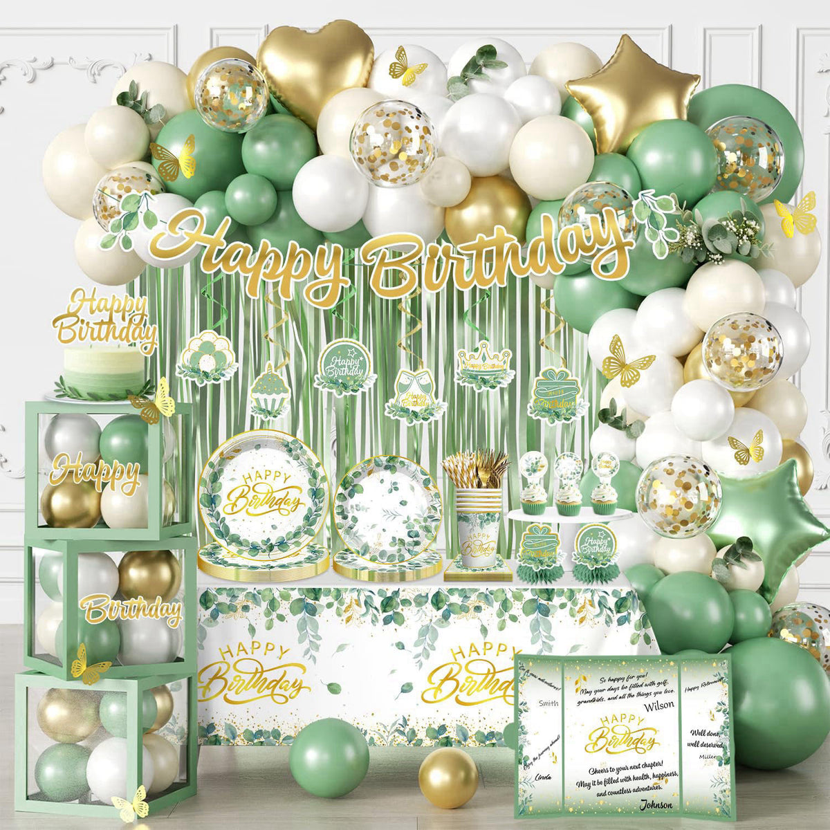 cocomigo 305pcs Sage Green Birthday Decorations Party Set, for 25 Guests – packaging and label
