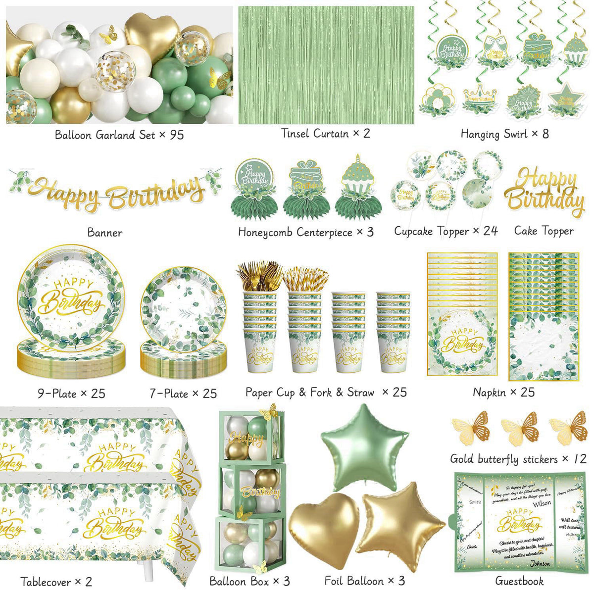 cocomigo 305pcs Sage Green Birthday Decorations Party Set, for 25 Guests – full view