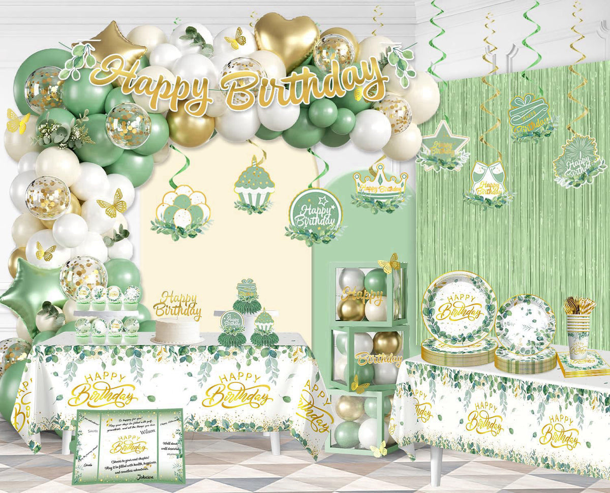 cocomigo 305pcs Sage Green Birthday Decorations Party Set, for 25 Guests – back view and specifications