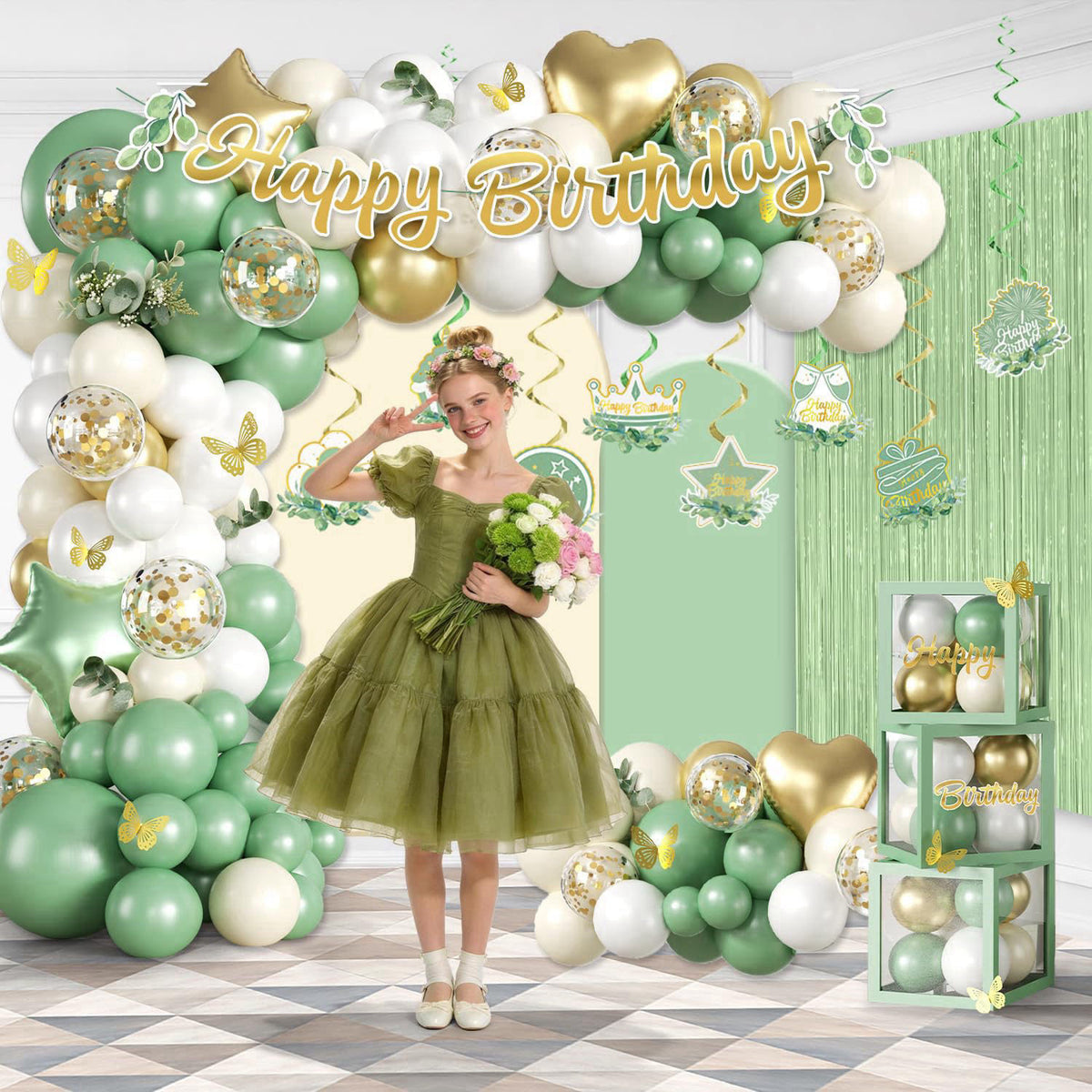 cocomigo 305pcs Sage Green Birthday Decorations Party Set, for 25 Guests – alternate angle