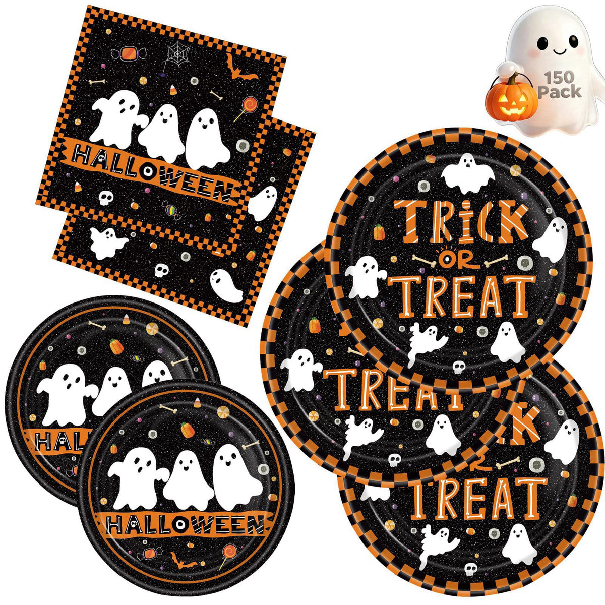 KLYMVA 150Pcs Halloween Party Supplies Cute Ghost Trick or Treat Set, Serves 50 – Multicolor, Paper, Plastic