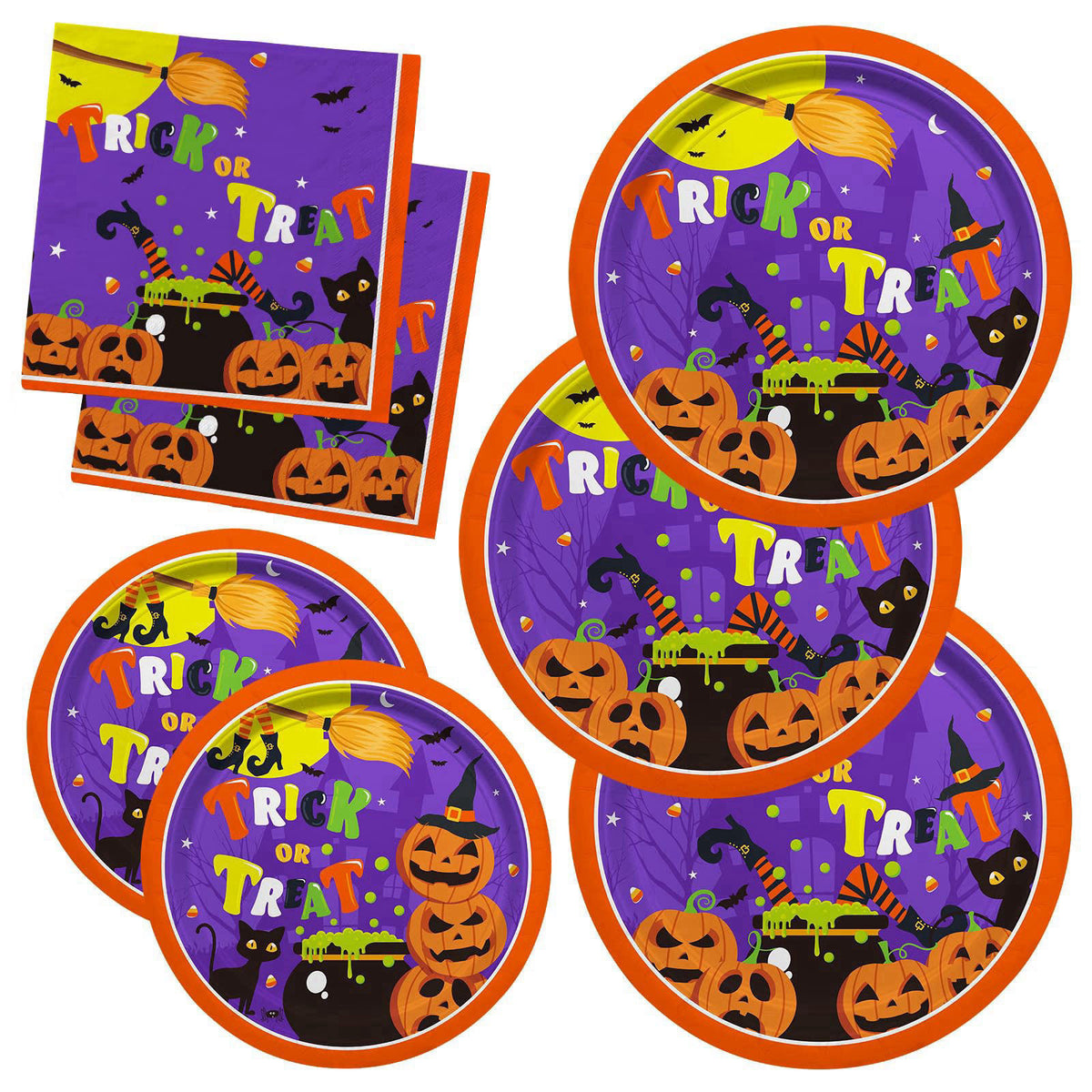 Gatherfun Halloween Party Supplies Kit Serve 50，Halloween Witch Pumpkin Design Includes Disposable Dinner Plates, Desser