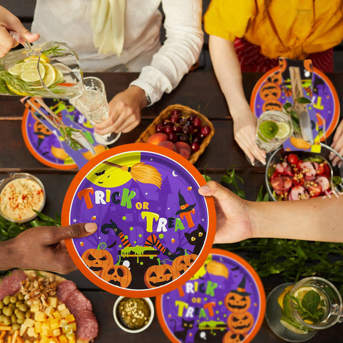 Gatherfun Halloween Party Supplies Kit Serve 50，Halloween Witch Pumpkin Design Includes Disposable Dinner Plates, Desser