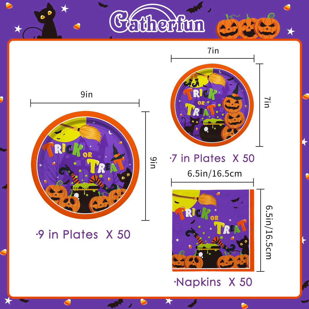 Gatherfun Halloween Party Supplies Kit Serve 50，Halloween Witch Pumpkin Design Includes Disposable Dinner Plates, Desser