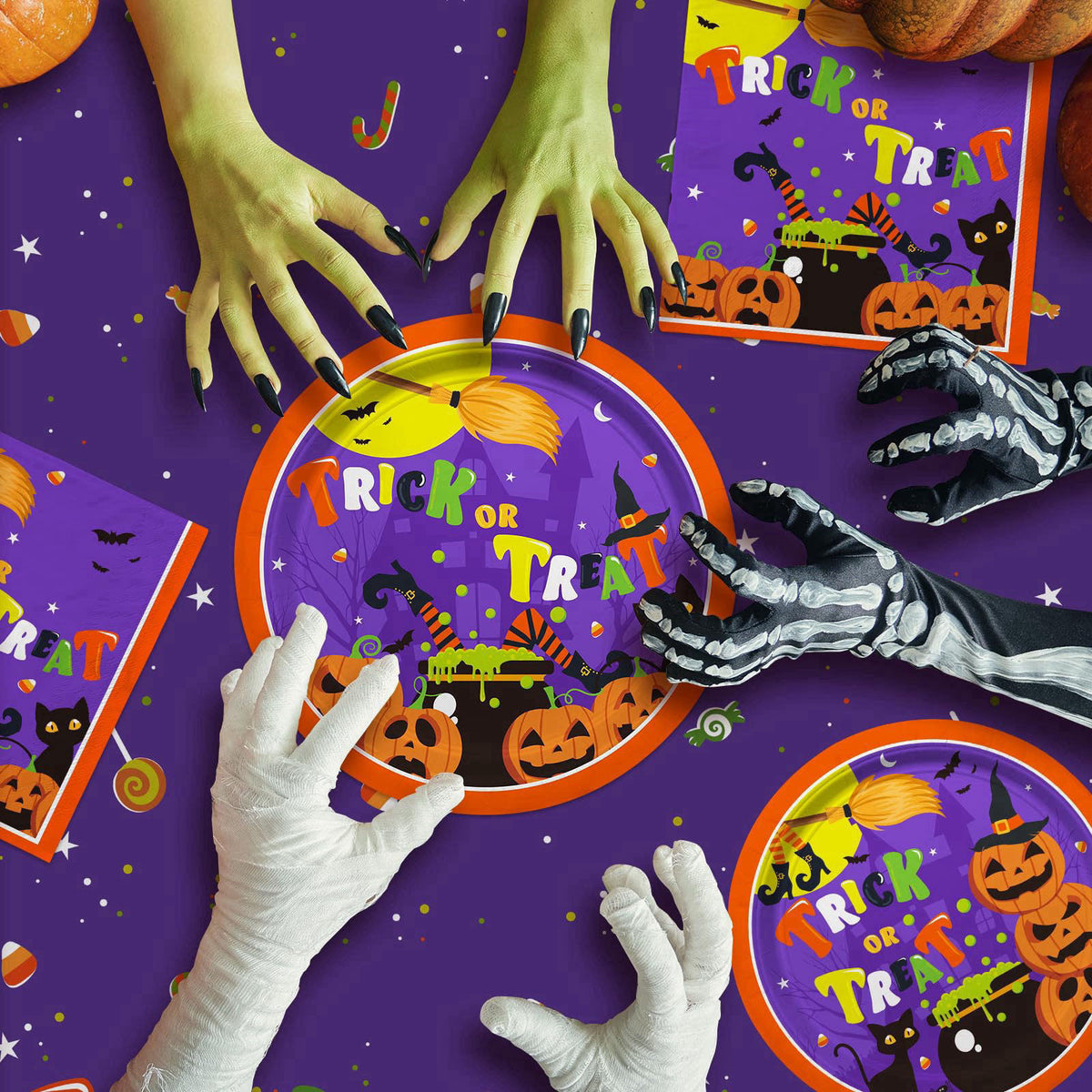Gatherfun Halloween Party Supplies Kit Serve 50，Halloween Witch Pumpkin Design Includes Disposable Dinner Plates, Desser