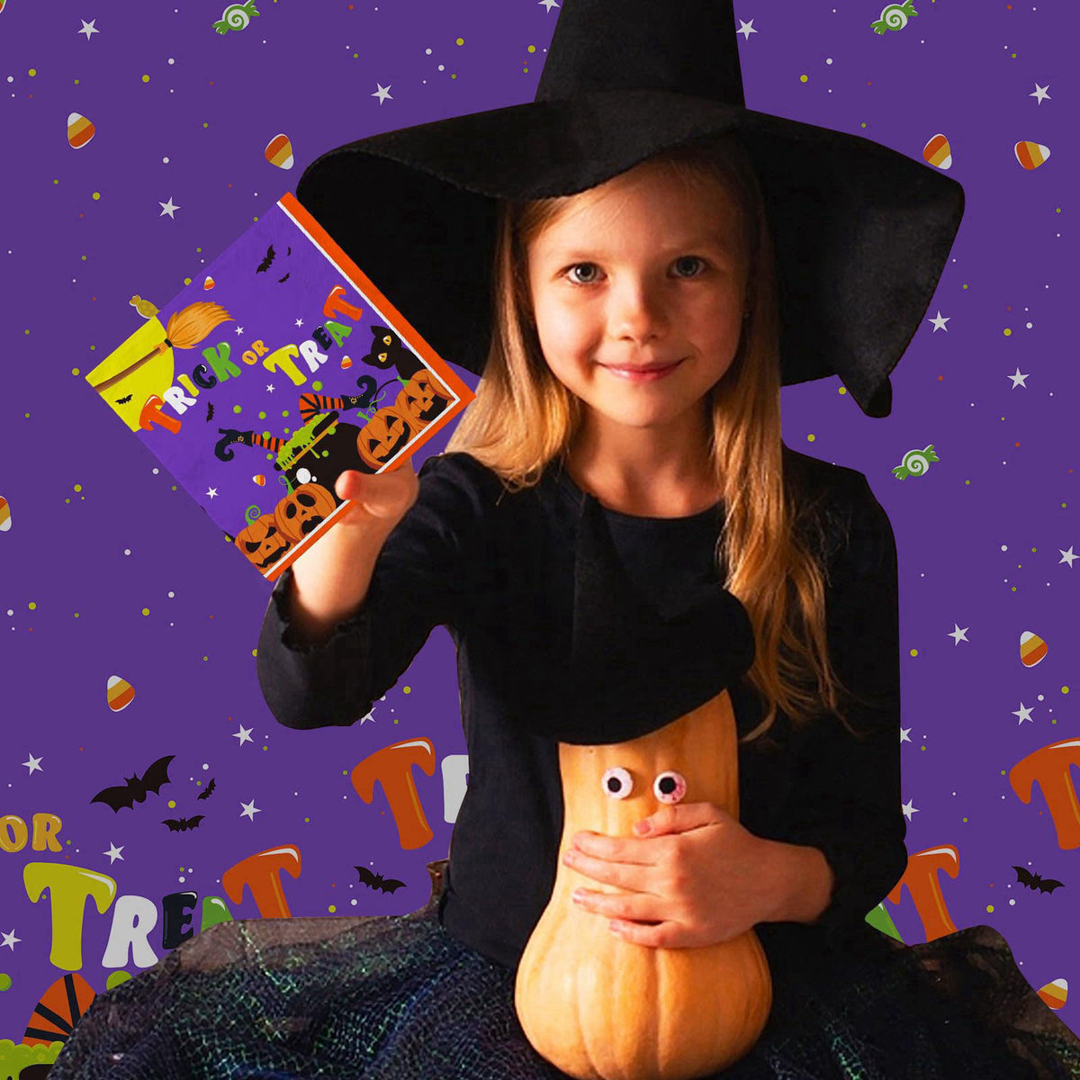 Gatherfun Halloween Party Supplies Kit Serve 50，Halloween Witch Pumpkin Design Includes Disposable Dinner Plates, Desser