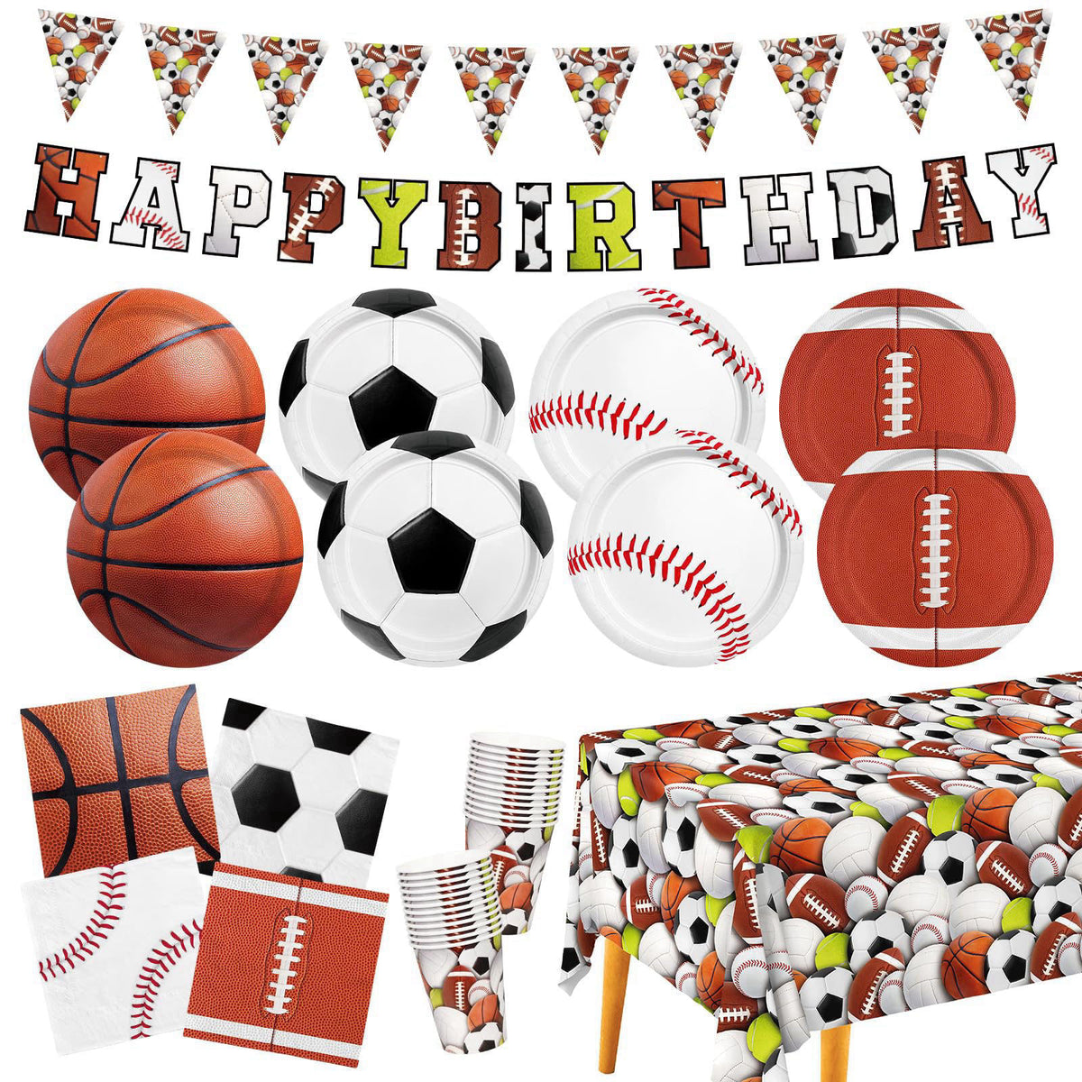 Gatherfun Sports Themed Birthday Party Kit for 24 - Includes Sports Banner, Tablecloth, Cups, Plates and Napkins for Boy