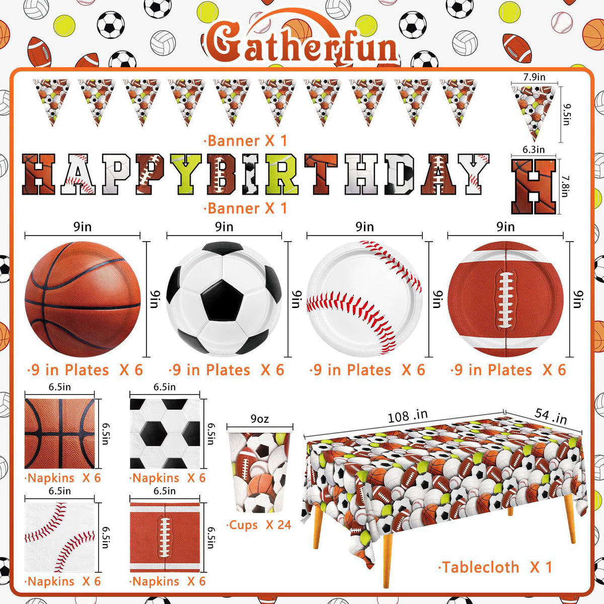 Gatherfun Sports Themed Birthday Party Kit for 24 - Includes Sports Banner, Tablecloth, Cups, Plates and Napkins for Boy