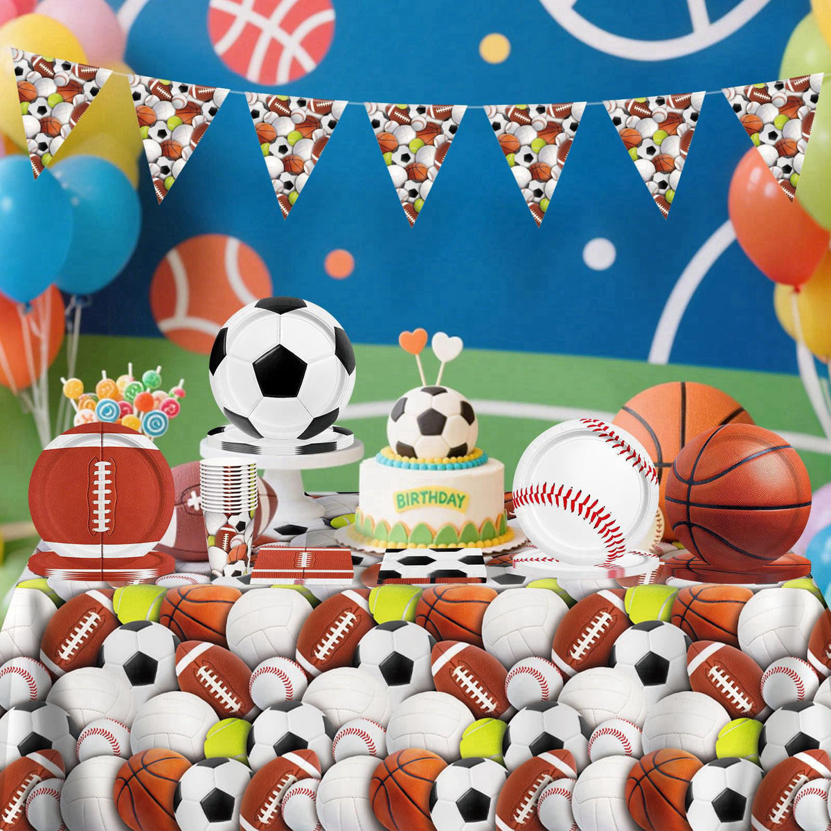 Gatherfun Sports Themed Birthday Party Kit for 24 - Includes Sports Banner, Tablecloth, Cups, Plates and Napkins for Boy
