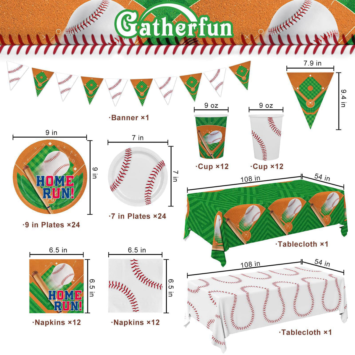 Gatherfun Baseball Party Supplies Kit for 24 - Complete with Dinner & Dessert Plates, Napkins, Cups, Banner & Tablecloth