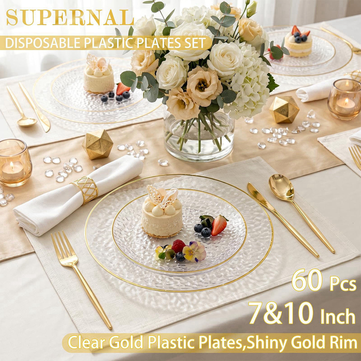 Rubtlamp 60Pcs Clear Plastic Plates,Clear Disposable Plates With Gold Rim,Heavy-duty Gold Plates,Hammered Party Plates I