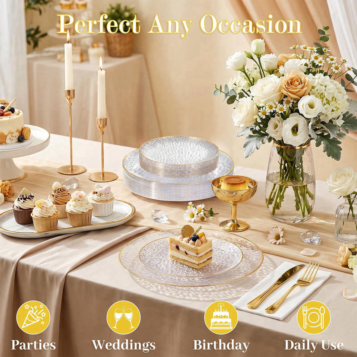 Rubtlamp 60Pcs Clear Plastic Plates,Clear Disposable Plates With Gold Rim,Heavy-duty Gold Plates,Hammered Party Plates I