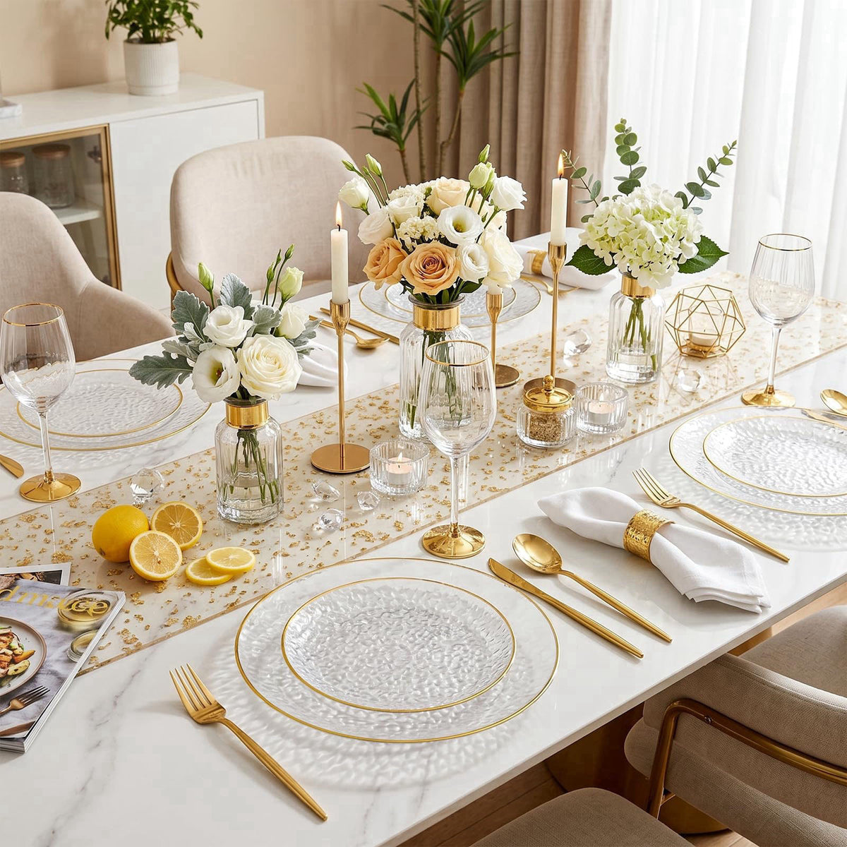 Rubtlamp 60Pcs Clear Plastic Plates,Clear Disposable Plates With Gold Rim,Heavy-duty Gold Plates,Hammered Party Plates I