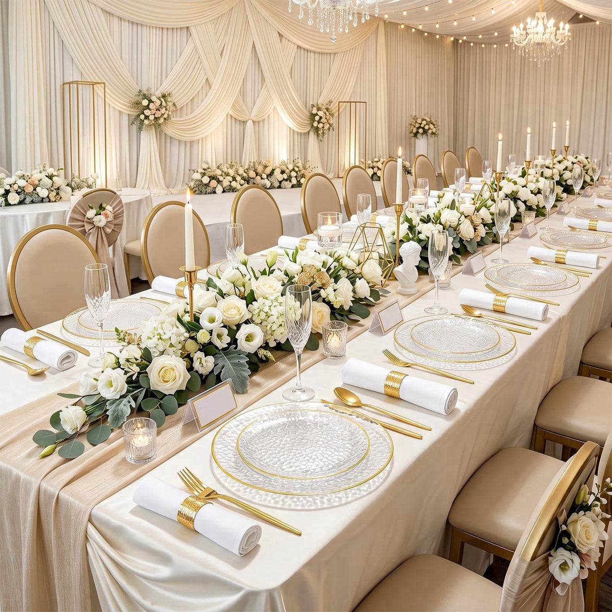 Rubtlamp 60Pcs Clear Plastic Plates,Clear Disposable Plates With Gold Rim,Heavy-duty Gold Plates,Hammered Party Plates I