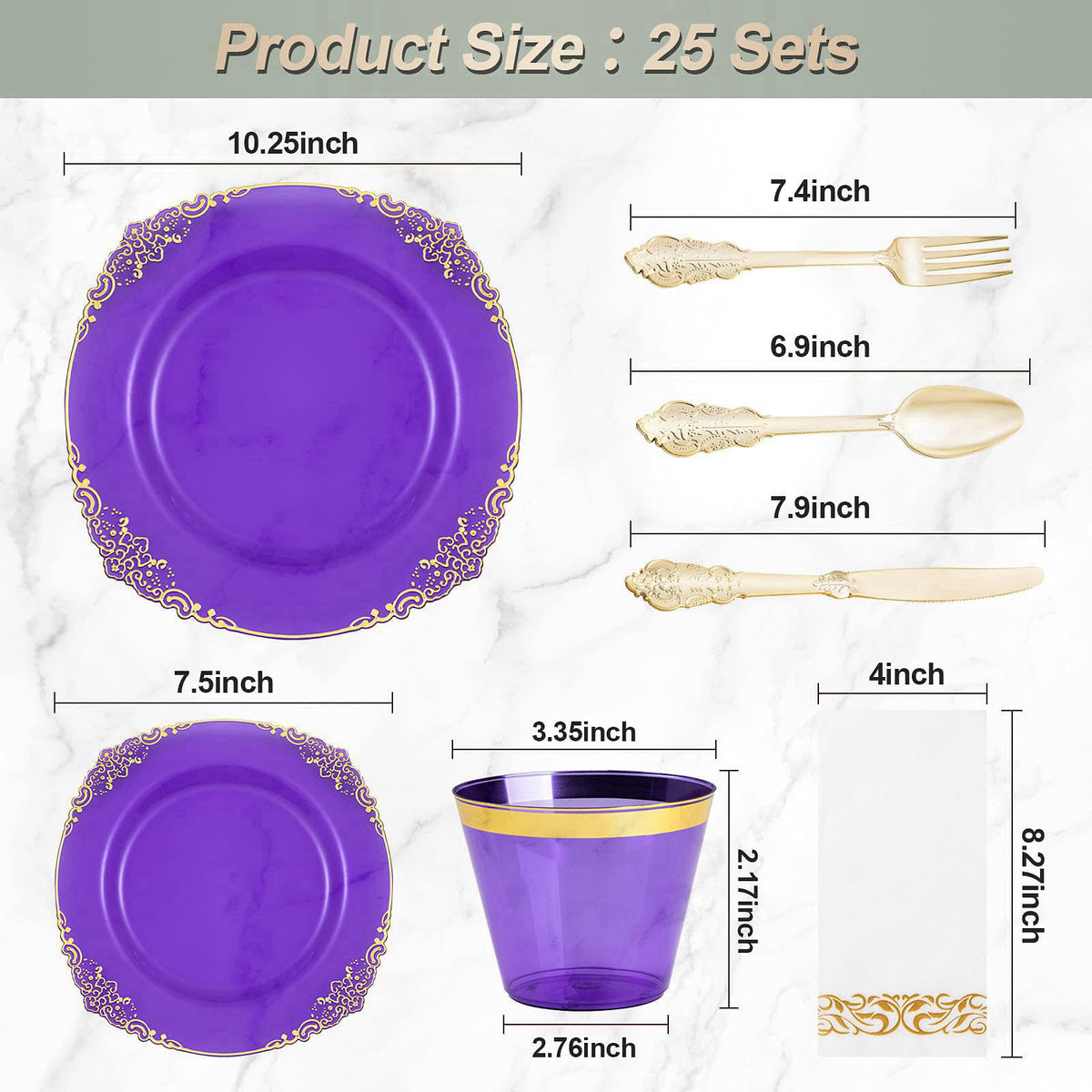 Bestluck 175PCS Clear Purple Plastic Plates for 25 Guests – packaging and label